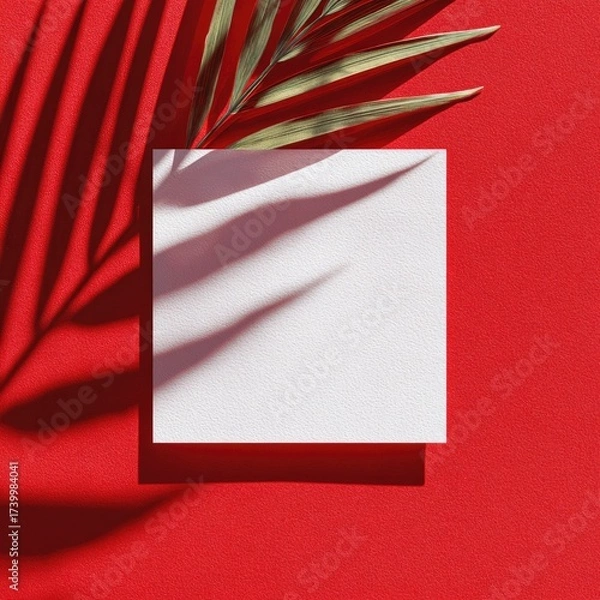 Fototapeta Square white card with shadow of palm leaf on red background; top-down view