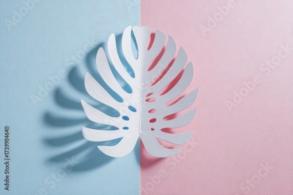 Fototapeta A paper monstera leaf casting a shadow against a two-tone pastel blue and pink backdrop