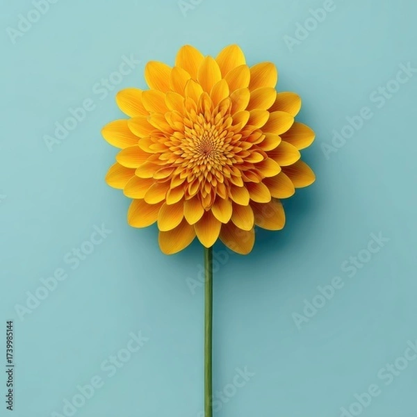 Fototapeta A vibrant yellow flower with layered petals and a long stem against a light blue backdrop
