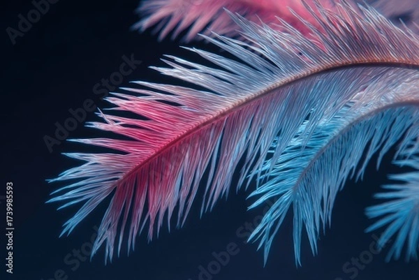 Fototapeta Macro shot of a feather with red and blue hues against a dark background
