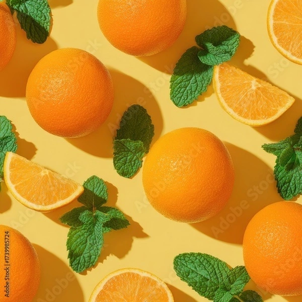 Fototapeta Overhead view of whole oranges, orange slices, and green mint leaves on a yellow surface