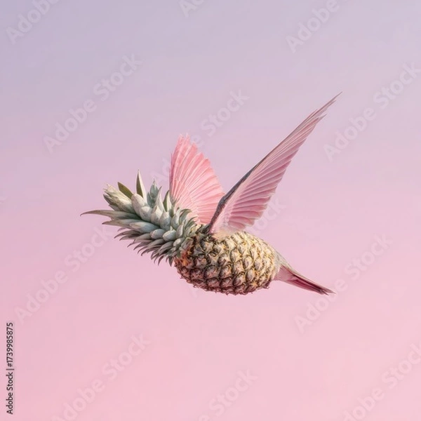 Fototapeta Surreal composite a pineapple transformed into a bird with pink wings, soaring in a gradient sky
