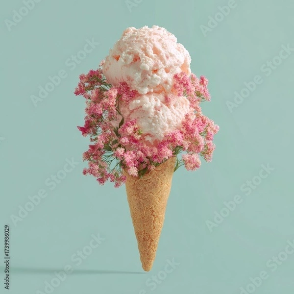 Fototapeta A whimsical ice cream cone topped with pink scoops and delicate pink blossoms