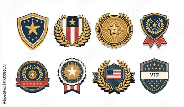 Fototapeta Patriotic USA Award and VIP Badge Vector Set with American Flag Star and Laurel Wreath for Honors
