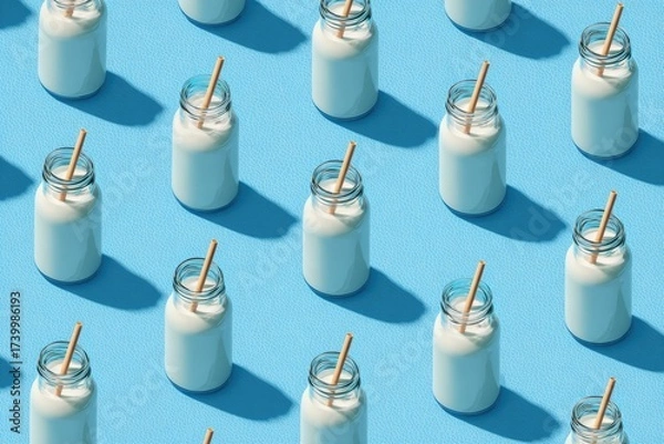 Fototapeta Patterned grid of small glass jars filled with white liquid, each with a straw, on blue