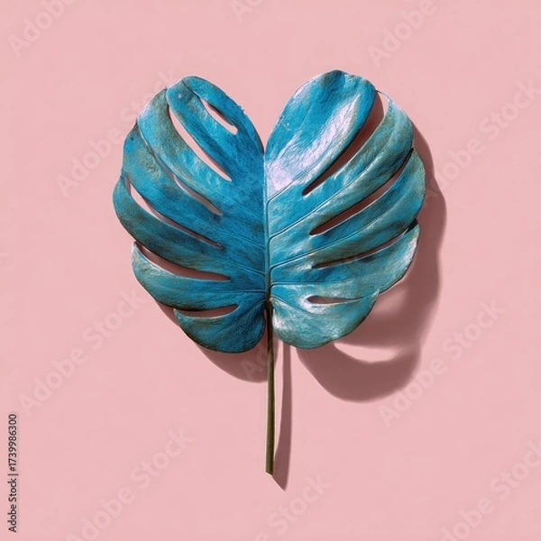 Fototapeta A split, teal-colored tropical leaf with a pink background, angled shadows, & central stem