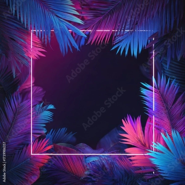 Fototapeta A vibrant neon-lit square frame surrounded by stylized, colorful palm fronds