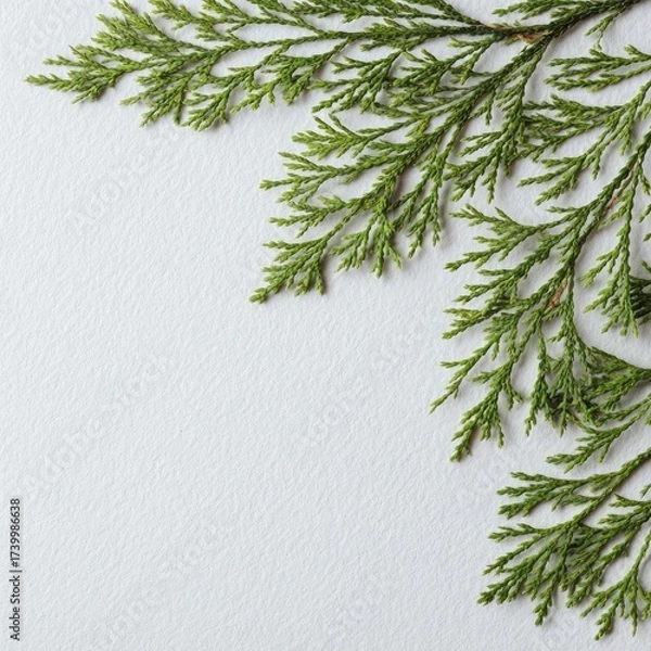 Fototapeta Overhead shot of a light, textured surface with green, leafy sprig in top corner