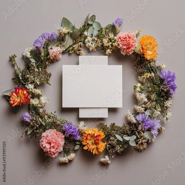 Fototapeta A floral wreath surrounds a blank, white rectangular card, arranged on a neutral background