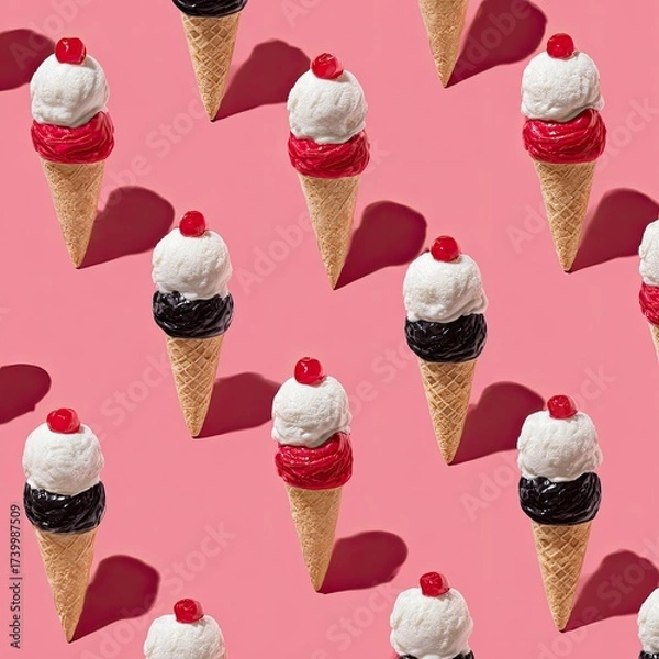 Fototapeta Repeated pattern of ice cream cones with tri-colored scoops and cherry on top, on a pink backdrop