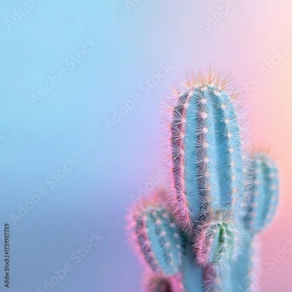 Fototapeta Close-up of a cactus with sharp spines against a soft, pastel gradient background