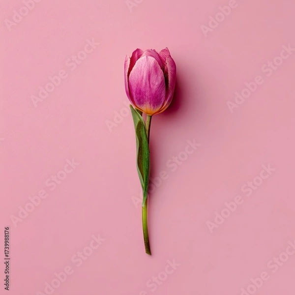 Fototapeta A single pink tulip, centered against a uniform pink background, top-down view