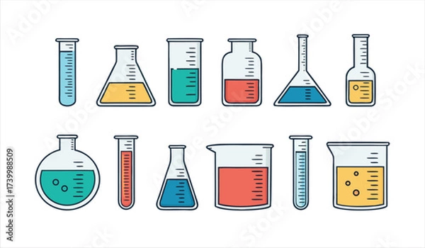 Fototapeta Laboratory Glassware and Chemistry Equipment Vector Icon Set with Flasks Beakers and Test Tubes for Scientific Research
