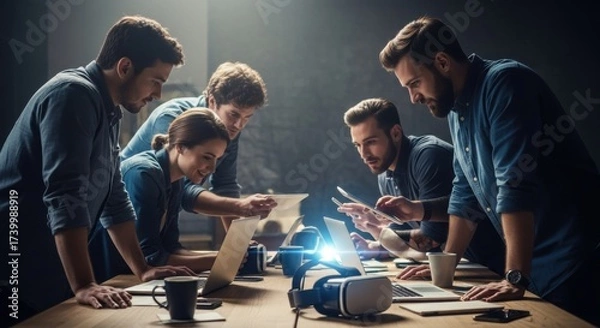 Obraz Young caucasian team collaborating on virtual reality project in office setting