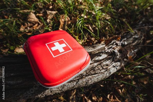 Fototapeta A Compact First Aid Kit is showcased in a serene setting, making it ideal for outdoor adventures like camping and hiking. Its essential for health care and safety in the wilderness