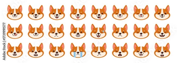 Fototapeta Dogs emotions. Corgi character face. Cartoon dog expressions with happy, angry, sad, smile, cry faces with tongue, nose. Funny puppy emoticons. Cute pet icons. Vector set