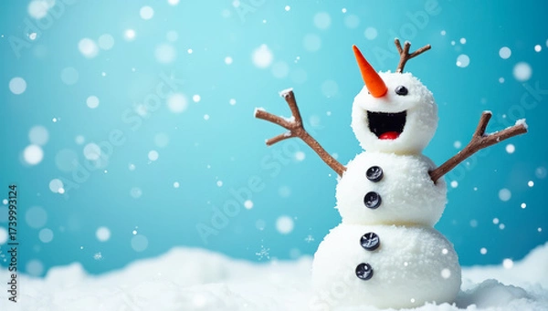 Fototapeta A cheerful snowman on a snowfall background