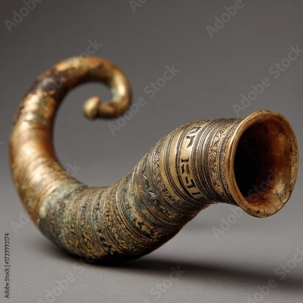 Obraz Ornate, curved, brass-like horn, possibly ceremonial.  Decorative bands encircle the horn, featuring inscribed text.  Object displayed on a neutral background
