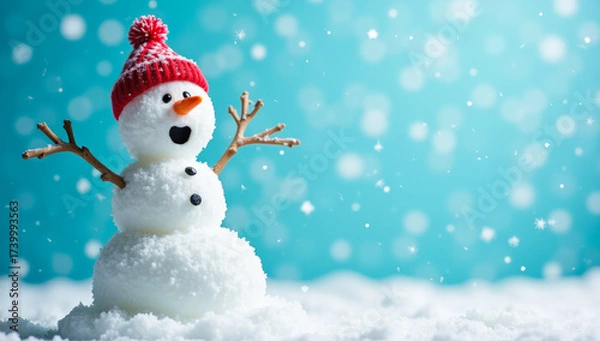 Fototapeta A cheerful snowman on a snowfall background