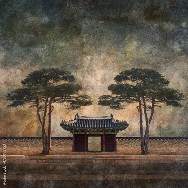 Obraz Aged Asian Gate,  Pine Trees