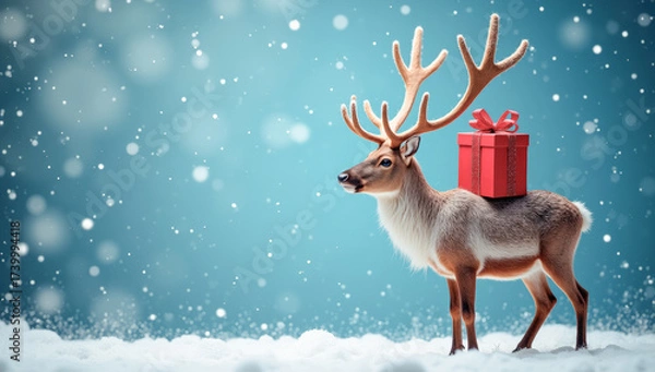 Fototapeta The reindeer has a red gift bag on its back against a snowfall background.