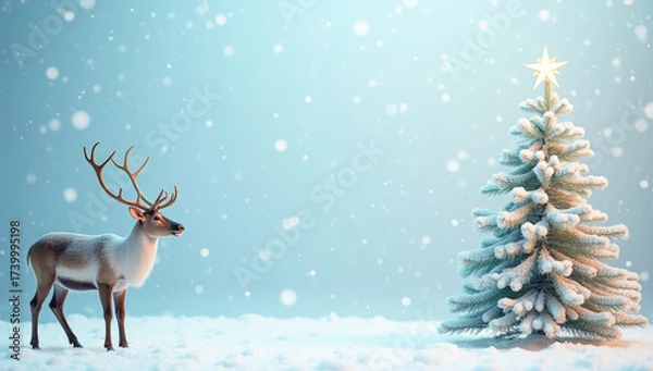 Fototapeta reindeer near the Christmas tree against the background of snowfall
