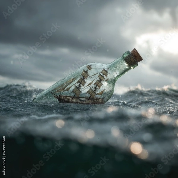 Obraz A glass bottle, corked, containing a miniature sailing ship, adrift in a stormy sea