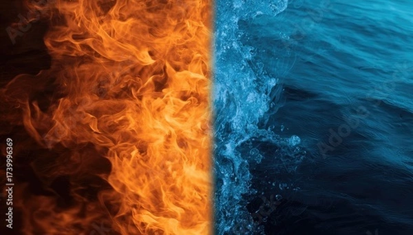 Fototapeta A split image showcasing fire on the left, and water on the right side