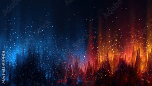 Fototapeta Abstract divide; cool blue meets fiery red with sparkling particles, dark background
