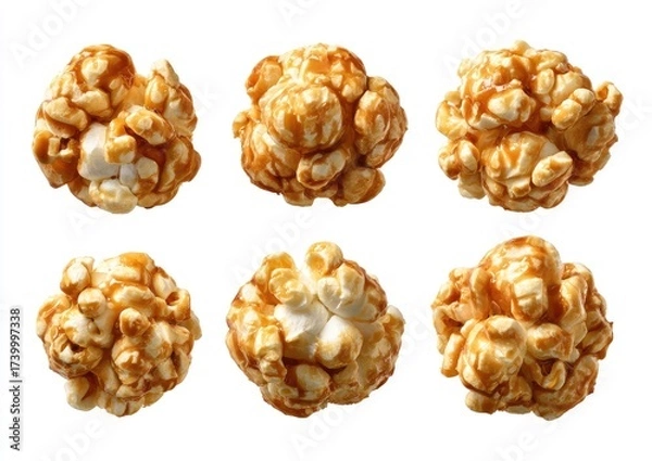 Obraz Six pieces of caramel-coated popcorn against a white background, close-up view