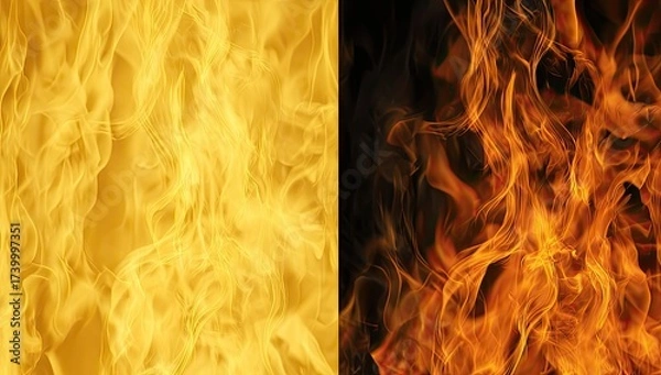 Fototapeta Two vibrant, detailed depictions of fire one gold, one fiery orange, each with dynamic motion