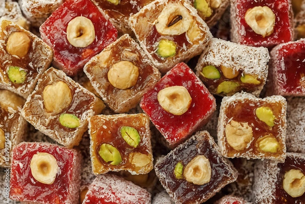 Obraz The sweet confectionery cubes are filled with pistachios and hazelnuts. Some pieces are dusted with coconut creating a delicious texture.