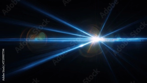 Obraz Intense blue light flares outward from a central bright point against a black background