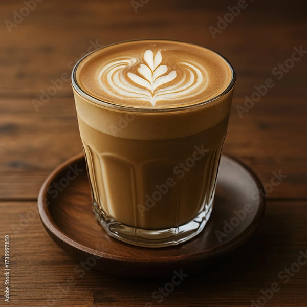 Obraz The cortado or flat white has a beautiful foam design on top. The drink sits on a dark wood table creating a warm and cozy cafe vibe.