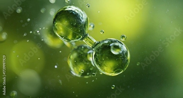 Fototapeta Close-up of a translucent green molecule with attached spheres, surrounded by smaller droplets
