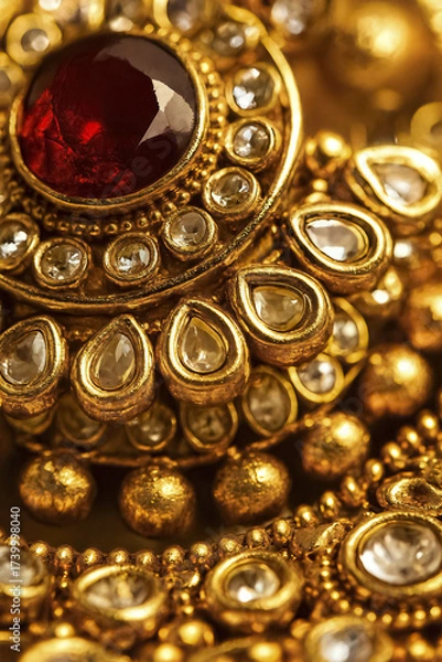 Obraz The beautiful Indian style necklace features a large red ruby and diamonds. The craftsmanship highlights luxury tradition and exquisite beauty.