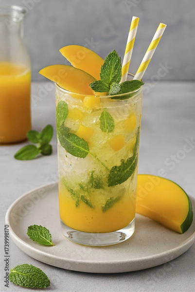 Obraz The cold summer cocktail is garnished with fresh mint and mango slices. This delicious tropical drink includes ice and two paper straws.