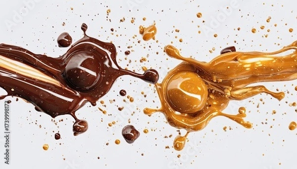 Fototapeta Symmetrical burst of two viscous liquids colliding, chocolate and caramel, against white
