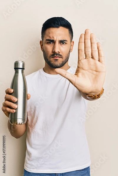 Obraz He has a firm expression and is holding a reusable metal water bottle. This could symbolize an anti plastic message or a call to stop.