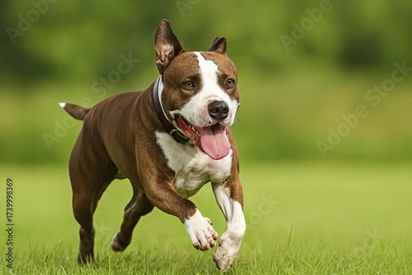 Obraz The muscular brown and white dog is in motion with its tongue out. This healthy and active pet is enjoying time playing outdoors in a park.