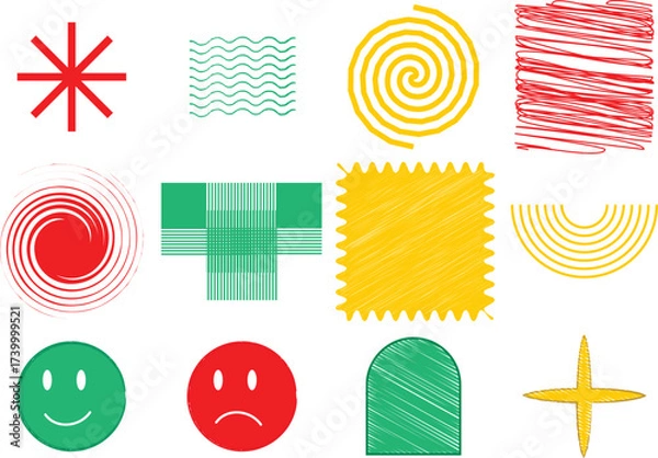 Fototapeta Hand-drawn doodle icons colorful 12-piece sketch-style grid featuring symbols for motion, emotion, and structure