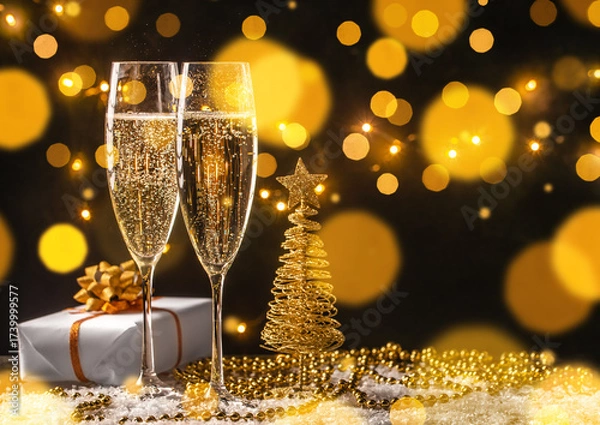 Fototapeta Two glasses of sparkling champagne with festive golden lights, Christmas tree decoration and gift box. Holiday celebration background with copy space