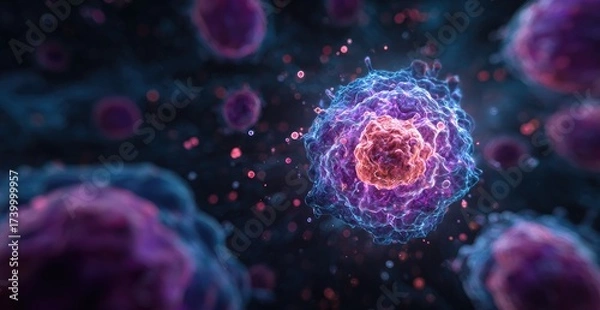 Fototapeta Microscopic, detailed view of a biological cell with a layered structure and glowing effects