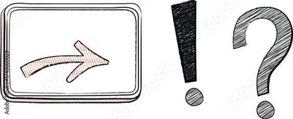 Fototapeta Scribble style arrow, exclamation, and question icons  casual doodle symbols for action, importance, and inquiry cues
