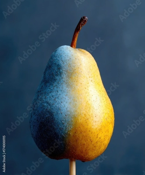 Obraz A pear, partially dyed blue and yellow, on a stick, against a dark background