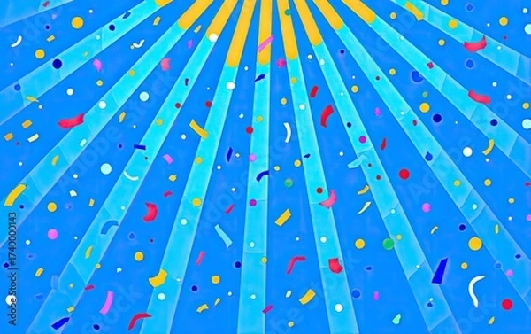 Fototapeta Upward angled beams of light illuminate falling confetti against a vibrant blue backdrop