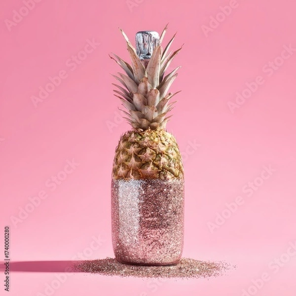 Obraz Champagne bottle decorated as a pineapple with glitter on a pink background