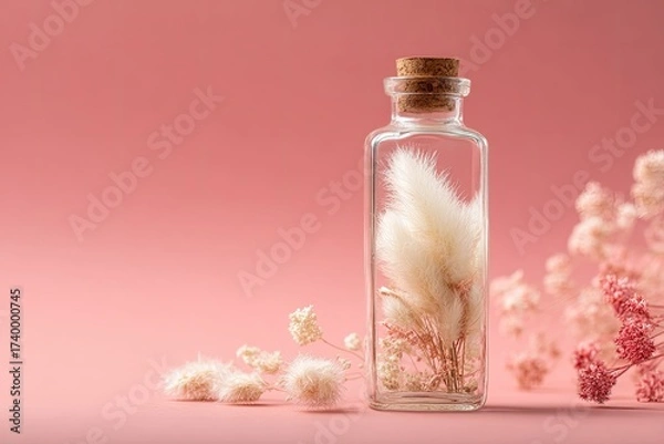 Fototapeta A glass bottle filled with feathery, dried flowers, on a pink background with surrounding blooms