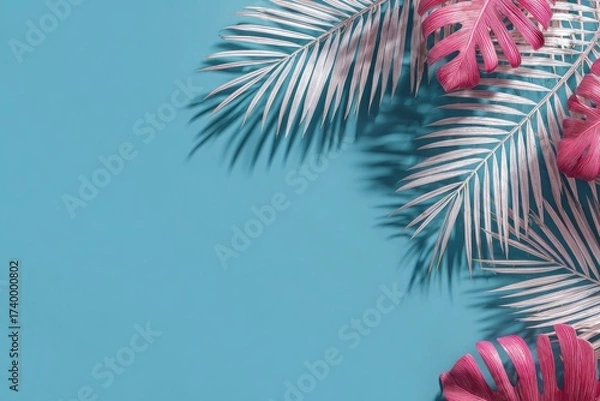 Fototapeta Pastel pink and silver leaves on a vibrant blue background with ample copy space