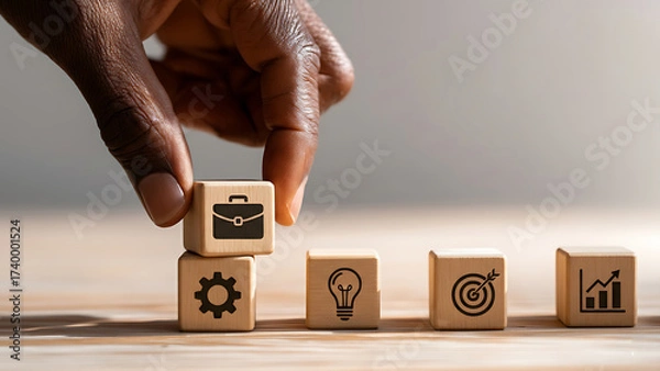 Obraz Close-up of a hand arranging wooden blocks with business icons – briefcase (career), gear (process), light bulb (ideas), target (goals), and graph (growth). Concept of business strategy, career planni